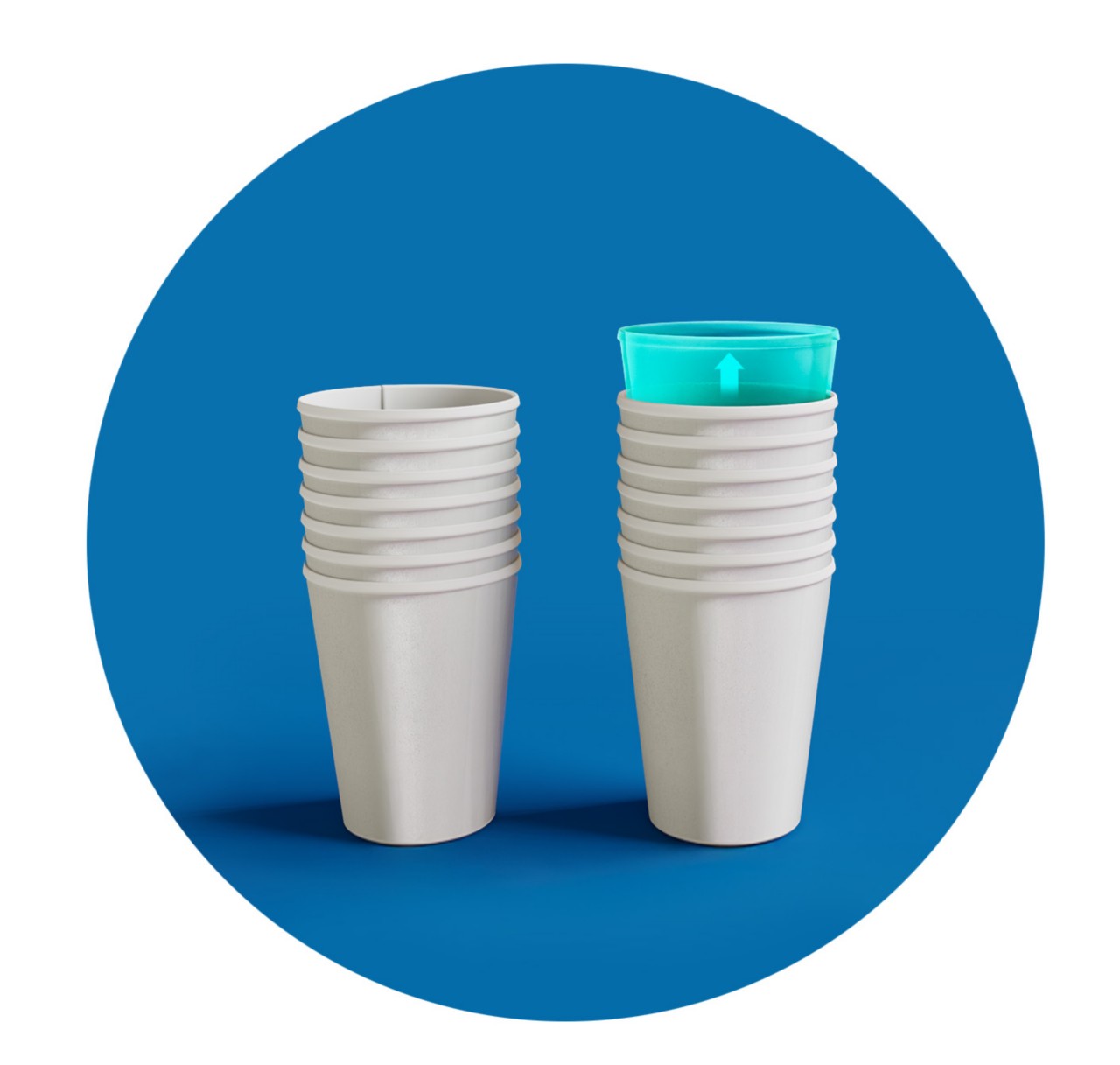 Two stacks of paper cups, with one stack topped by a blue cup. 