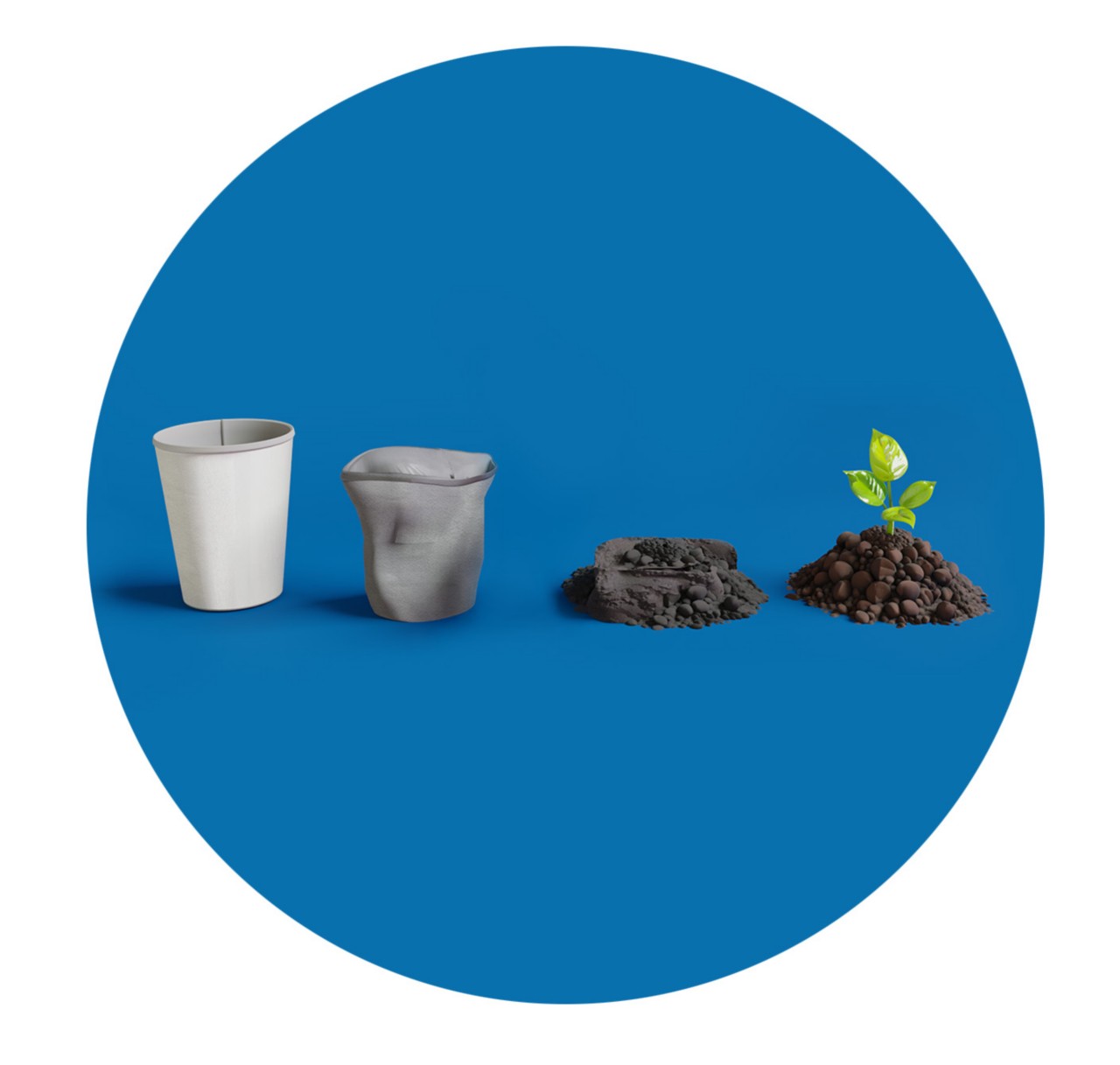A paper cup decomposes into compost in four stages until fully composted. 