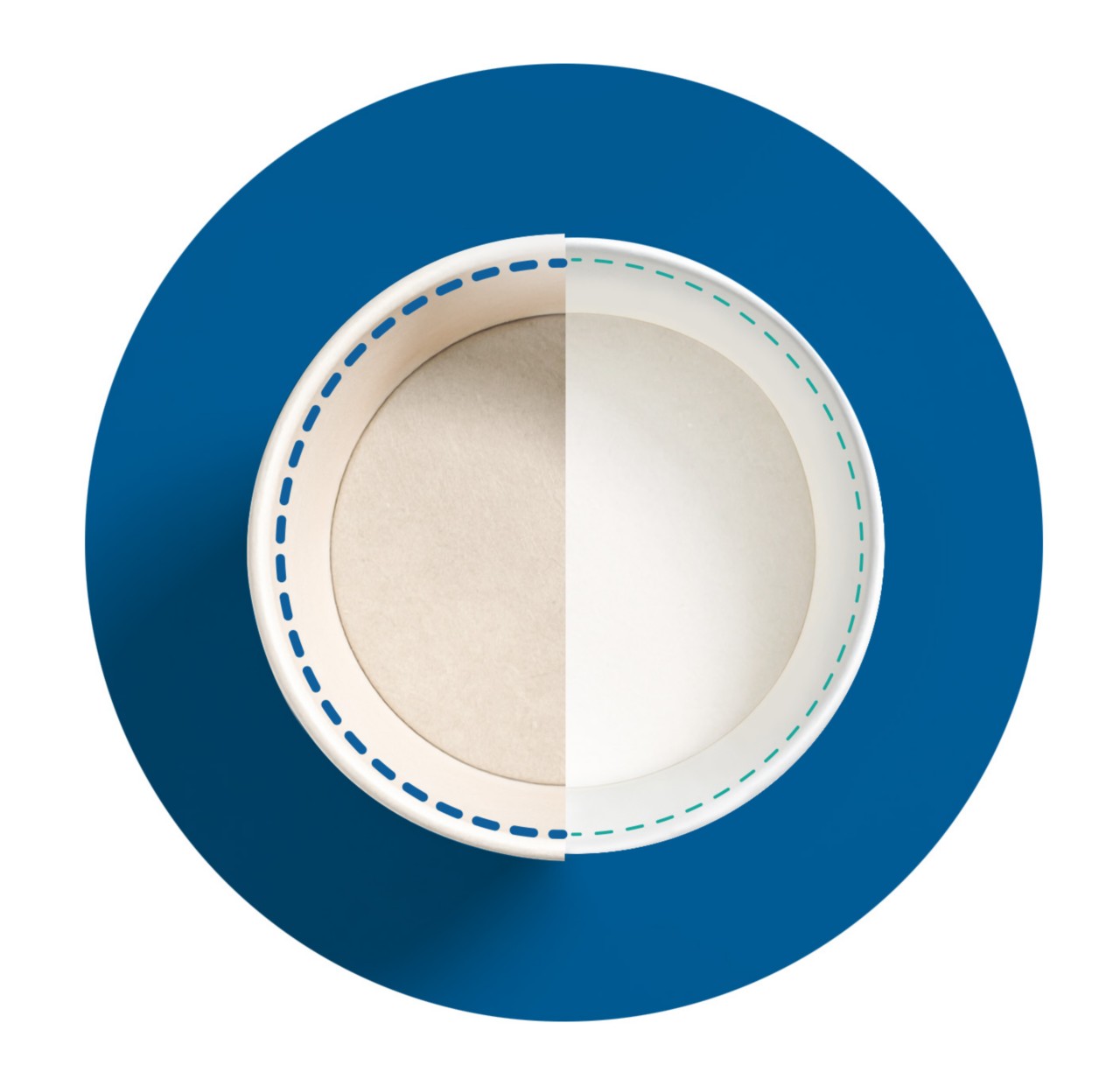 White paper cup shown from above with two different shades to show contrast in thinner coatings.   